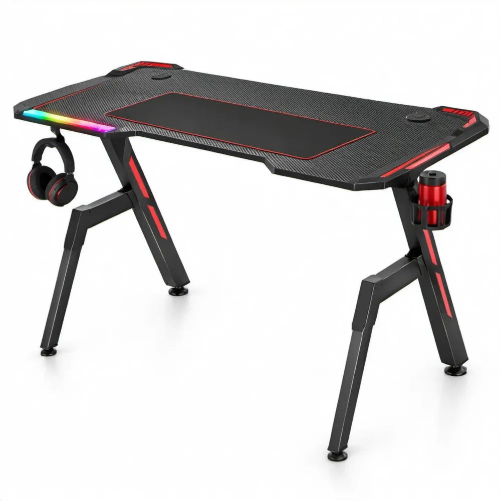 Gamingbureau 120 x 60 x 75 cm met RGB-verlichting, muismat, bekerhouder en hoofdtelefoonhouder - Zwart/Rood