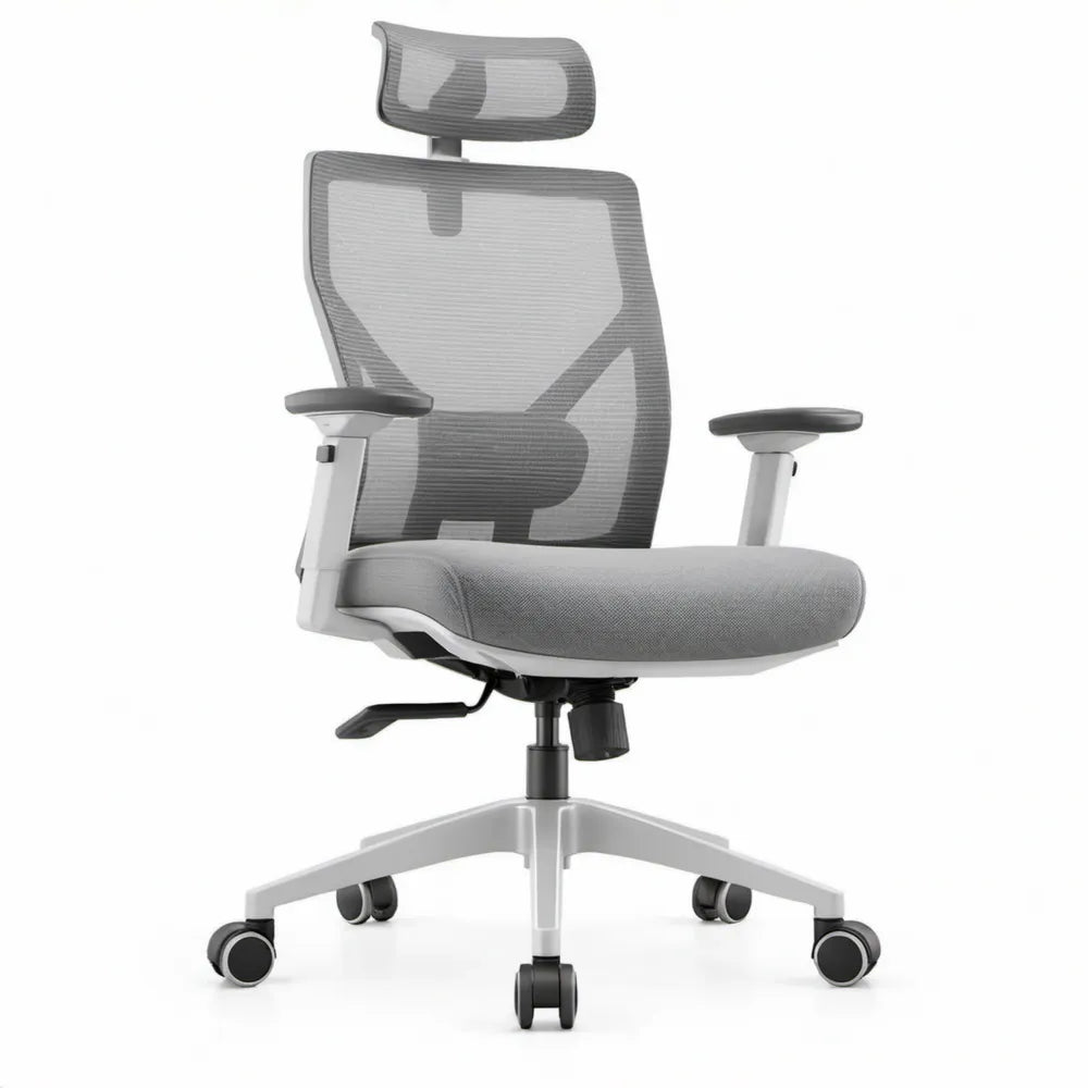 Ergonomische bureaustoel met hoofdsteun, grijs/wit/zwart, 66 x 66 x 116-126 cm
