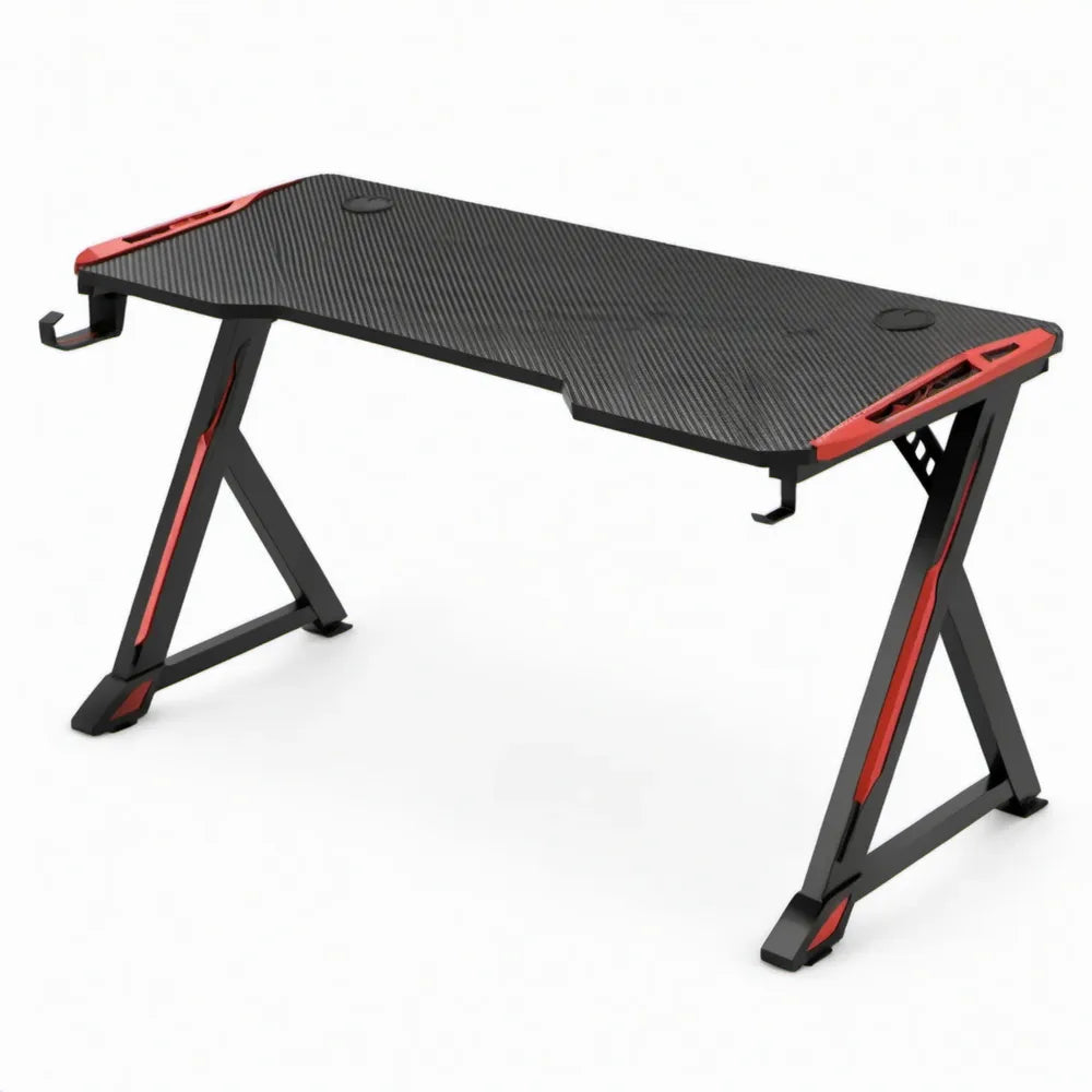 Gamingbureau 120 x 60 x 75 cm met kabeldoorvoeren en haken, zwart/rood, MDF en staal