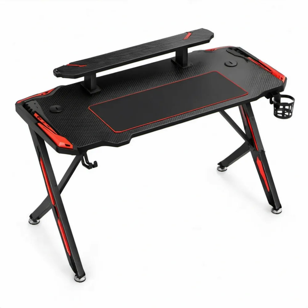 Gamingbureau met monitorverhoger, muismat en houders 140 x 60 x 75 cm Zwart/Rood