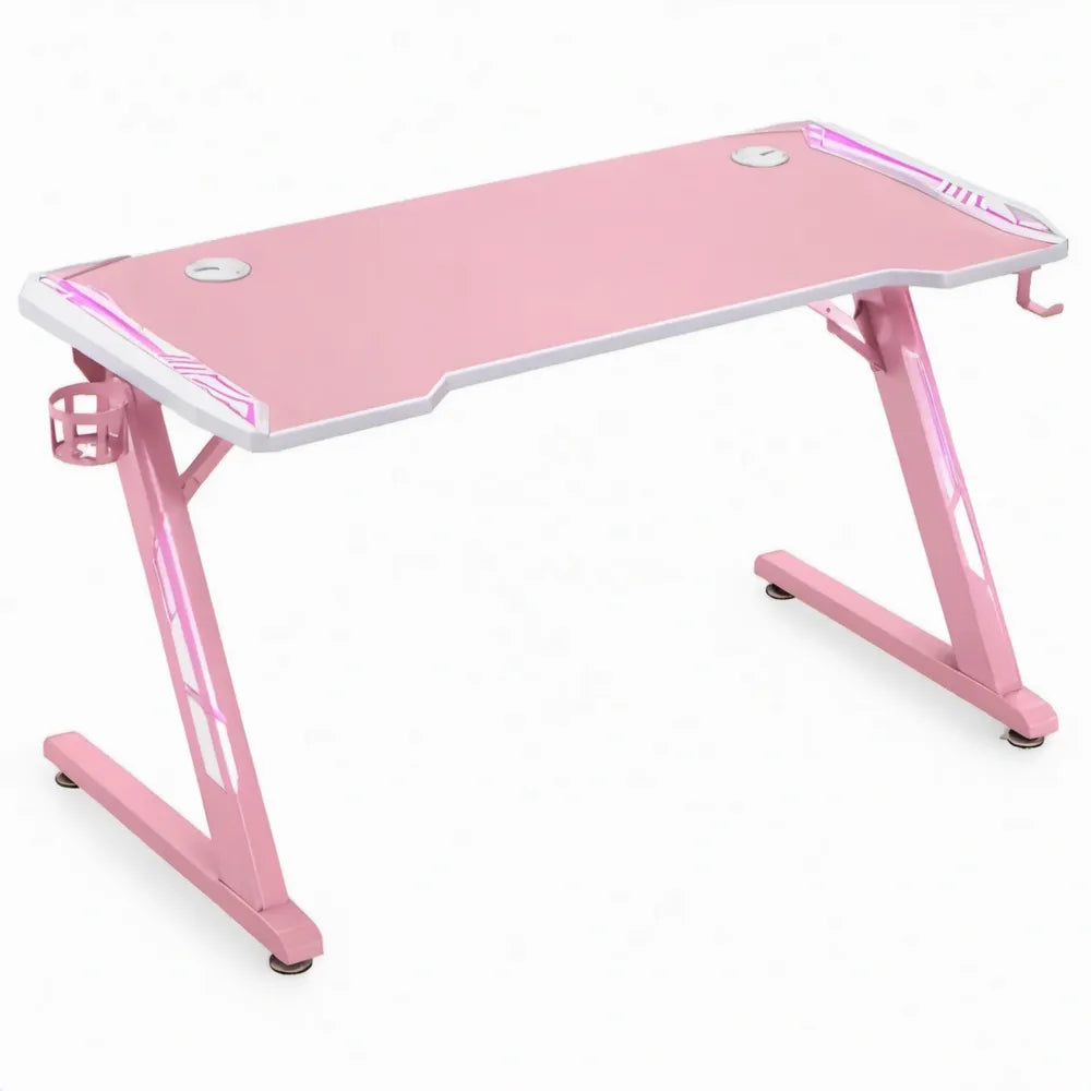 Roze/Wit gamingbureau met kabeldoorvoeren, bekerhouder en hoofdtelefoonhaak - 120 x 60 x 75 cm