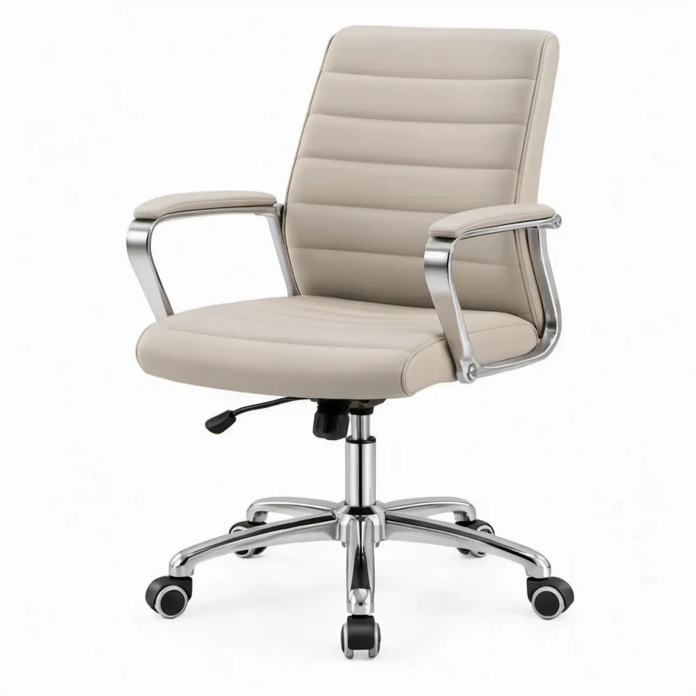 Beige draaibare bureaustoel van PU-kunstleer met armleuningen, 65 x 65 x 110-120 cm