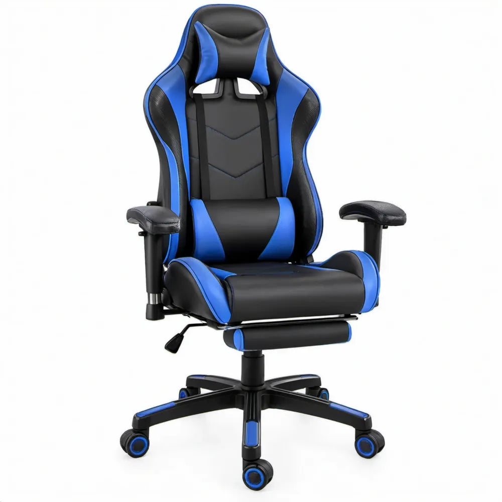 Gamingstoel met uitschuifbare voetensteun en verstelbare rugleuning, zwart/blauw, 68 x 68 x 118-128 cm