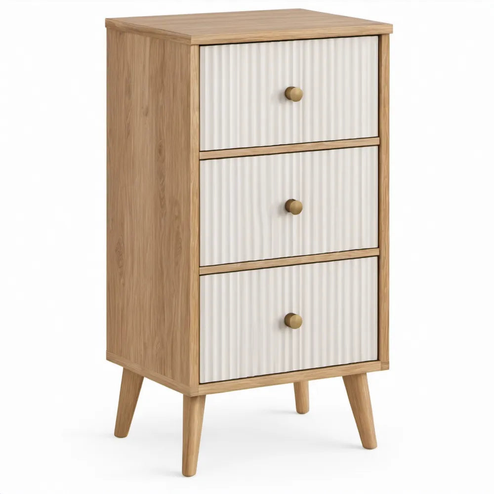 Eikenkleurige en witte ladekast met 3 geribbelde lades – 60 x 40 x 110 cm