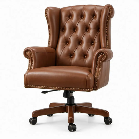 Bruine verstelbare directiestoel met hoge gecapitonneerde rugleuning, 70 x 75 x 118-128 cm