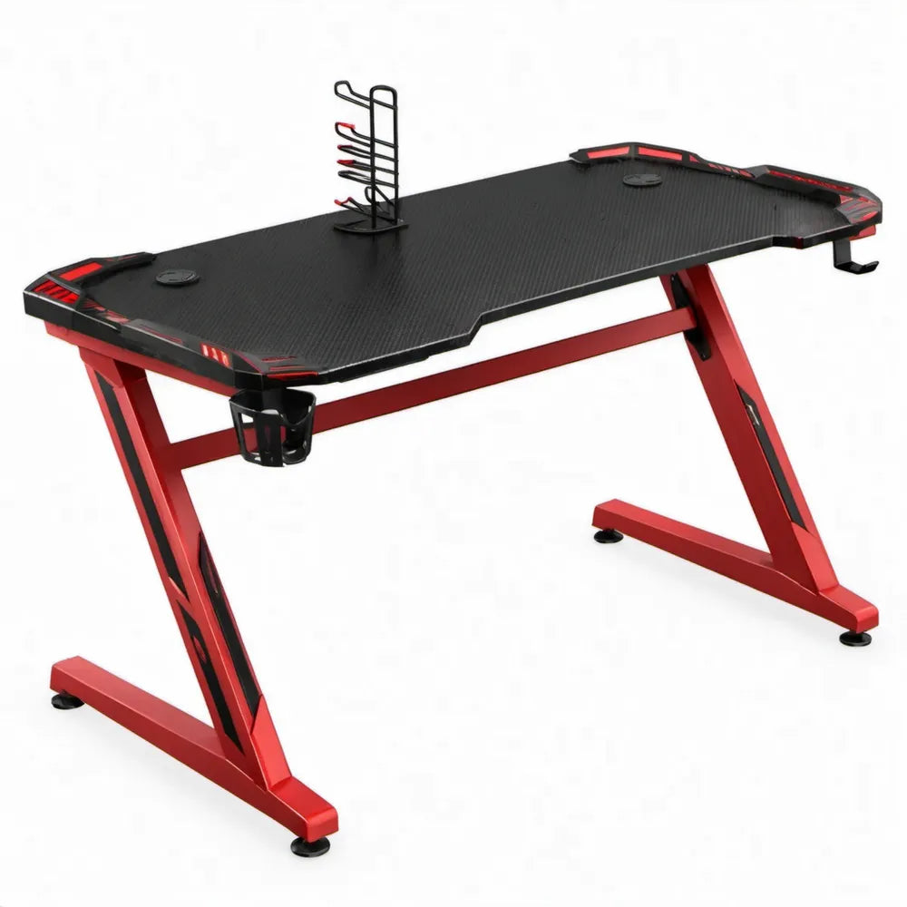 Gamingbureau 140 x 60 x 75 cm met MDF-blad en stalen Z-frame - Zwart/Rood