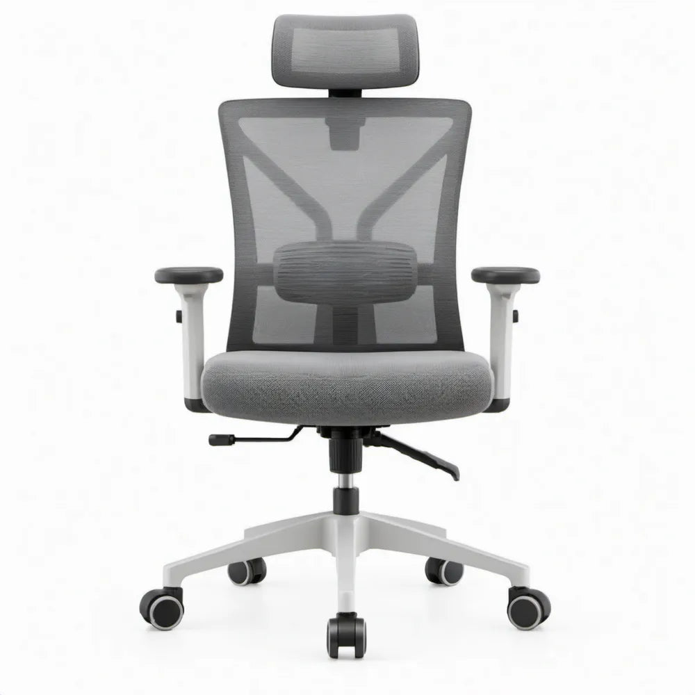 Ergonomische bureaustoel met hoofdsteun en verstelbare lendensteun, grijs/wit/zwart, 66 x 66 x 116-126 cm