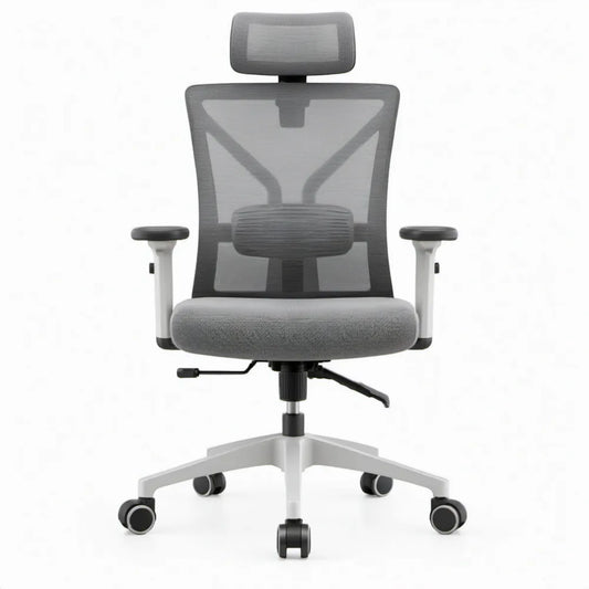 Ergonomische bureaustoel met hoofdsteun en verstelbare lendensteun, grijs/wit/zwart, 66 x 66 x 116-126 cm