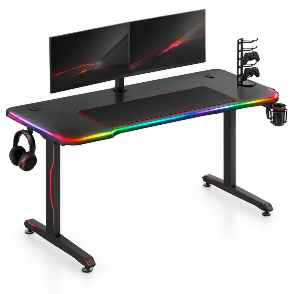 Gamingbureau met RGB-ledverlichting, accessoires en bureaumat – Zwart/Rood – 140 x 60 x 75 cm