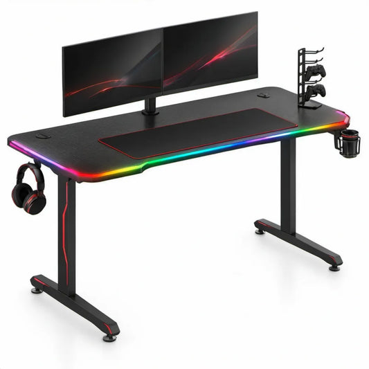 Gamingbureau met RGB-ledverlichting, accessoires en bureaumat – Zwart/Rood – 140 x 60 x 75 cm