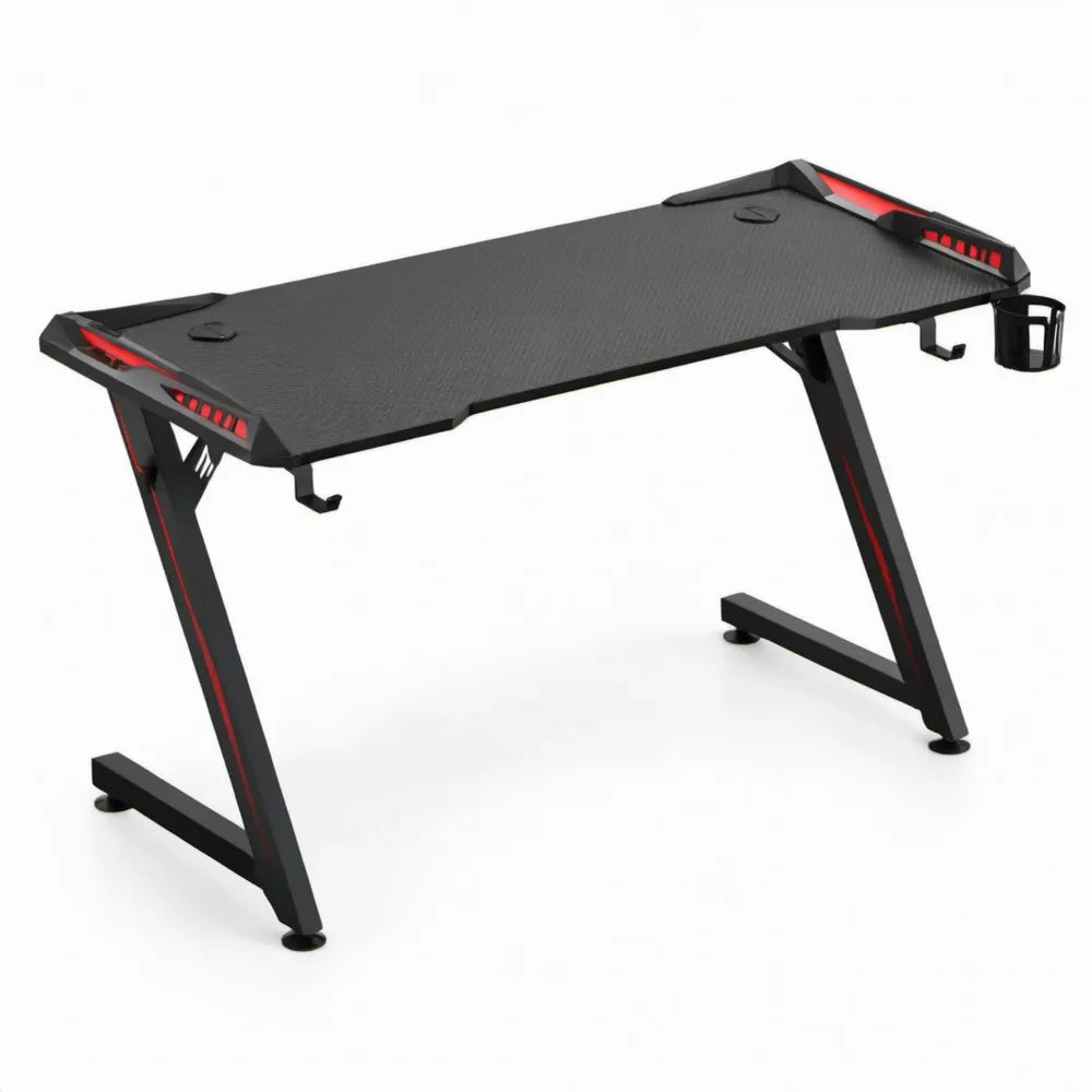 Gamingbureau 140 x 60 x 75 cm met Z-frame, kabeldoorvoeren en bekerhouder – Zwart/Rood