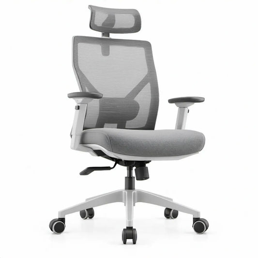 Ergonomische bureaustoel met hoofdsteun, grijs/wit/zwart, 66 x 66 x 116-126 cm