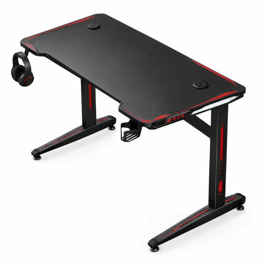 Gamingbureau 120 x 60 x 75 cm met kabelbeheer, hoofdtelefoonhouder en bekerhouder - Zwart/Rood