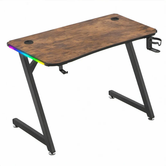 Gamingbureau 120 x 60 x 75 cm met RGB-ledverlichting, houtlook en zwart stalen frame