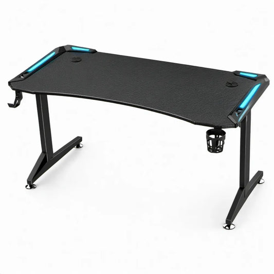 Gamingbureau met blauwe ledverlichting, bekerhouder en headsethaak – 140 x 60 x 75 cm – Zwart
