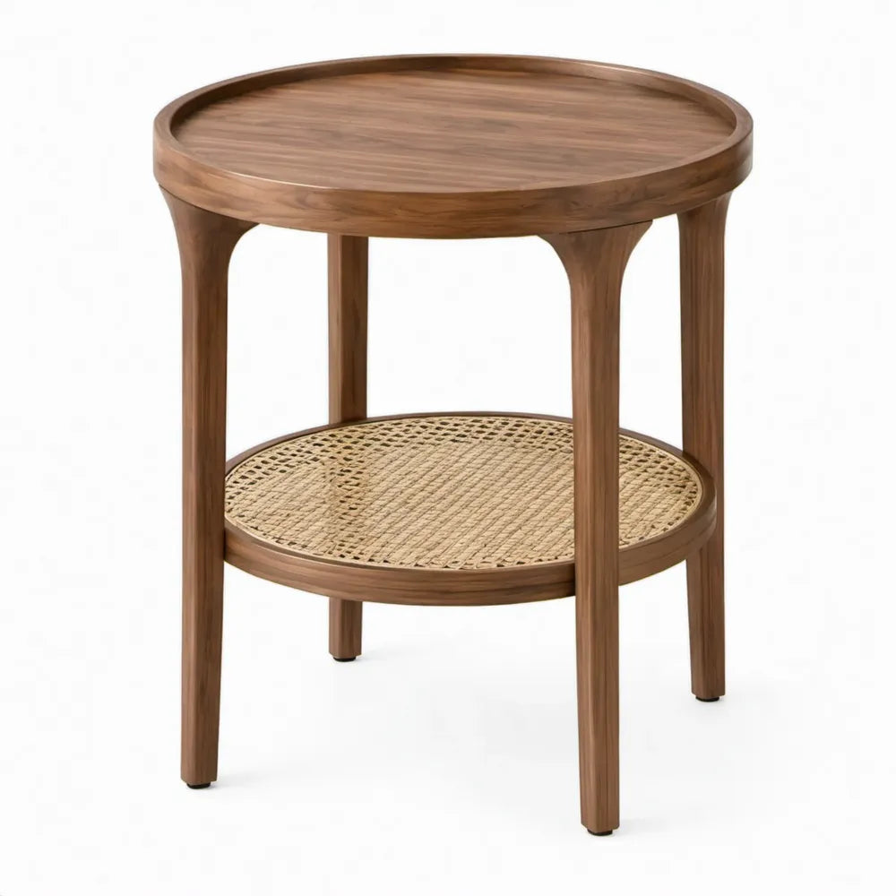 Ronde bijzettafel met dienblad en rotan onderplank, 50 x 50 x 60 cm, walnootbruin/naturel