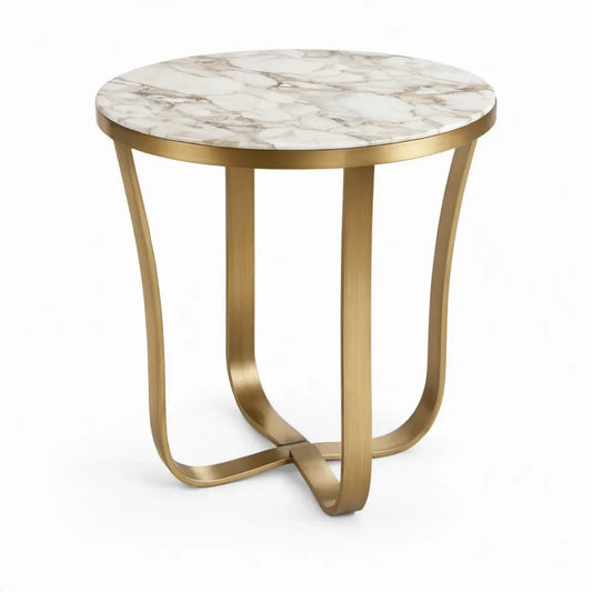 Ronde bijzettafel Ø50 x 55 cm van wit marmerlookkeramiek met goudkleurig stalen onderstel