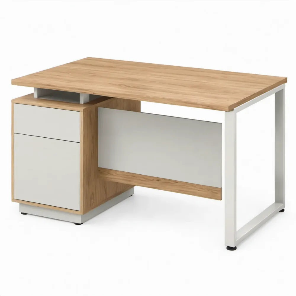 Bureau met 2 laden en open opbergvak, 120 x 60 x 75 cm, eikenkleurig/wit