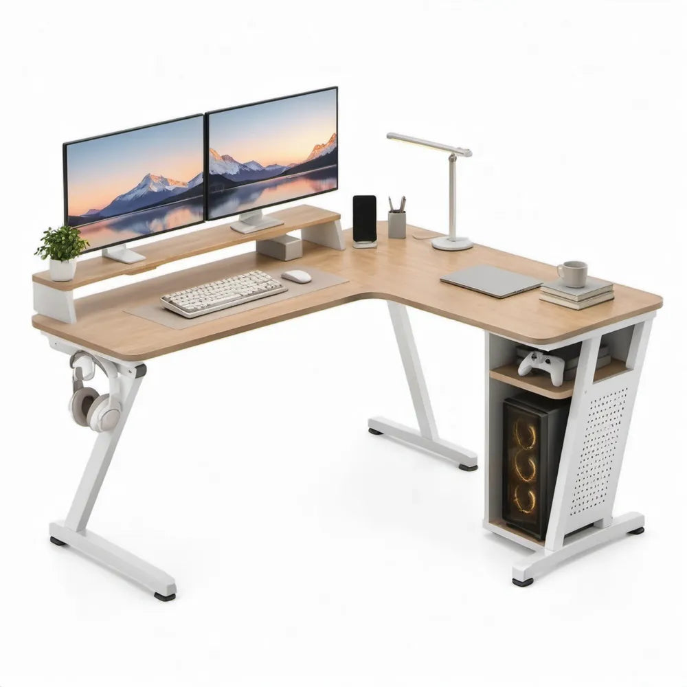 L-vormig bureau met monitorverhoger en opbergruimte, 160 x 120 x 75 cm, Eikenkleurig/Wit/Zwart