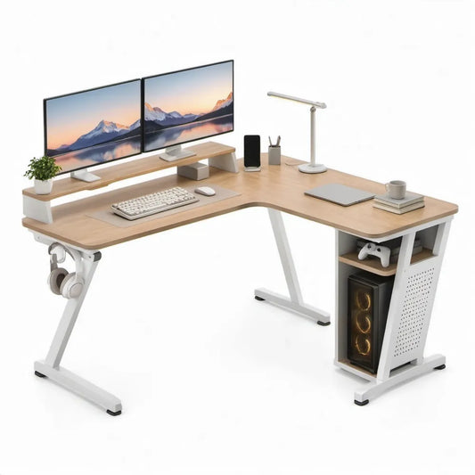 L-vormig bureau met monitorverhoger en opbergruimte, 160 x 120 x 75 cm, Eikenkleurig/Wit/Zwart
