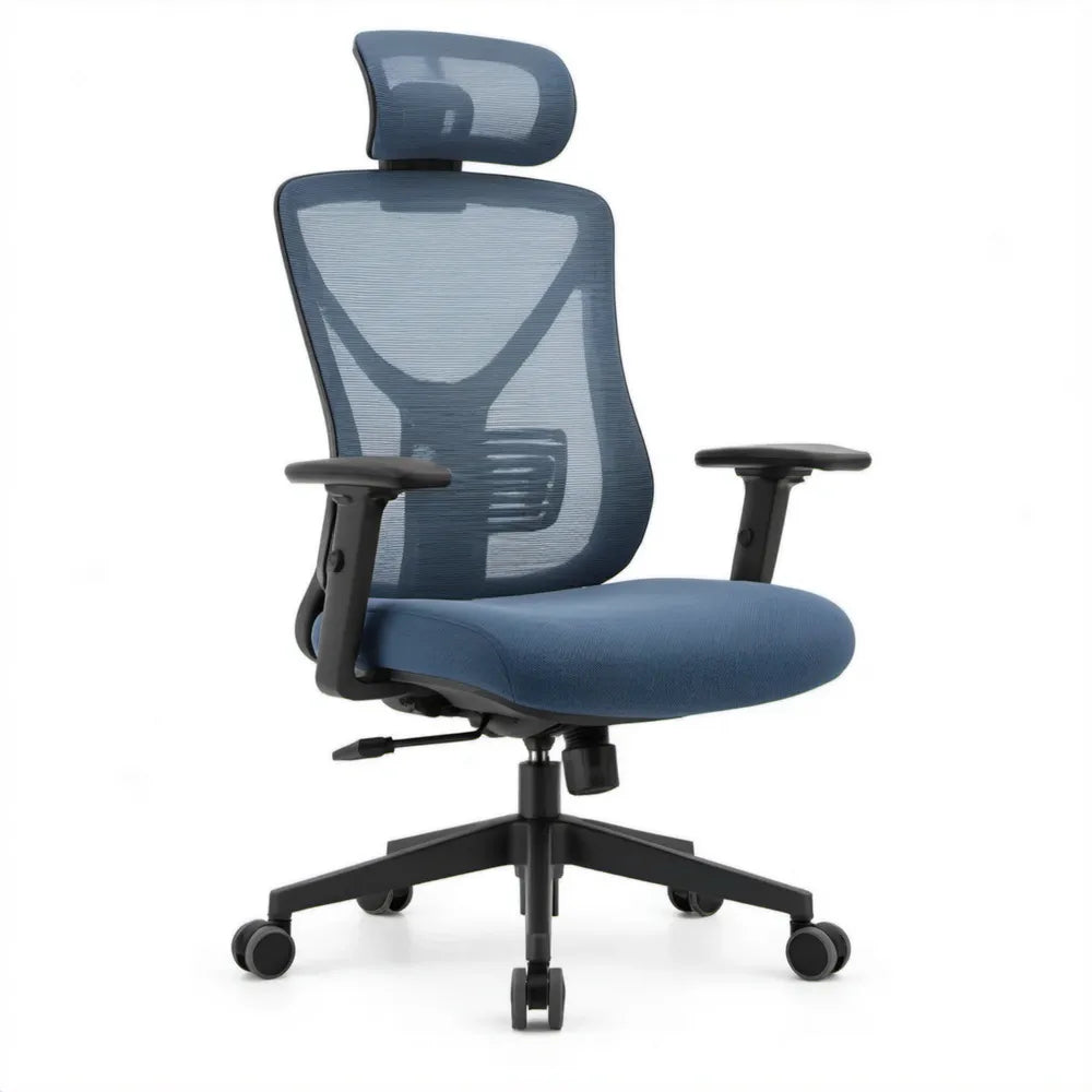 Ergonomische bureaustoel met verstelbare hoofdsteun en lendensteun, 66 x 66 x 116-126 cm, blauw/zwart
