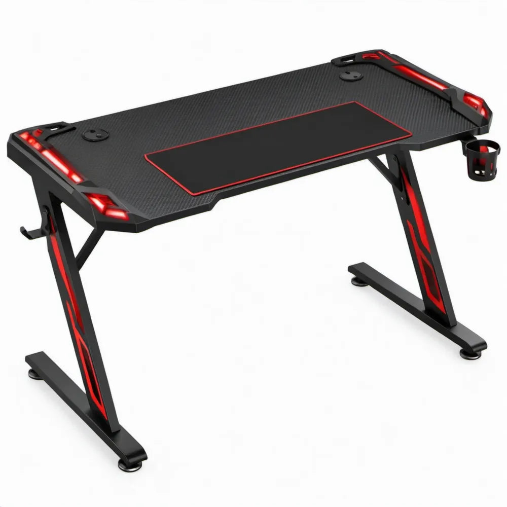 Gamingbureau met rode ledverlichting, kabeldoorvoeren en accessoires – 120 x 60 x 75 cm – Zwart/Rood