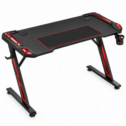 Gamingbureau met rode ledverlichting, kabeldoorvoeren en accessoires – 120 x 60 x 75 cm – Zwart/Rood