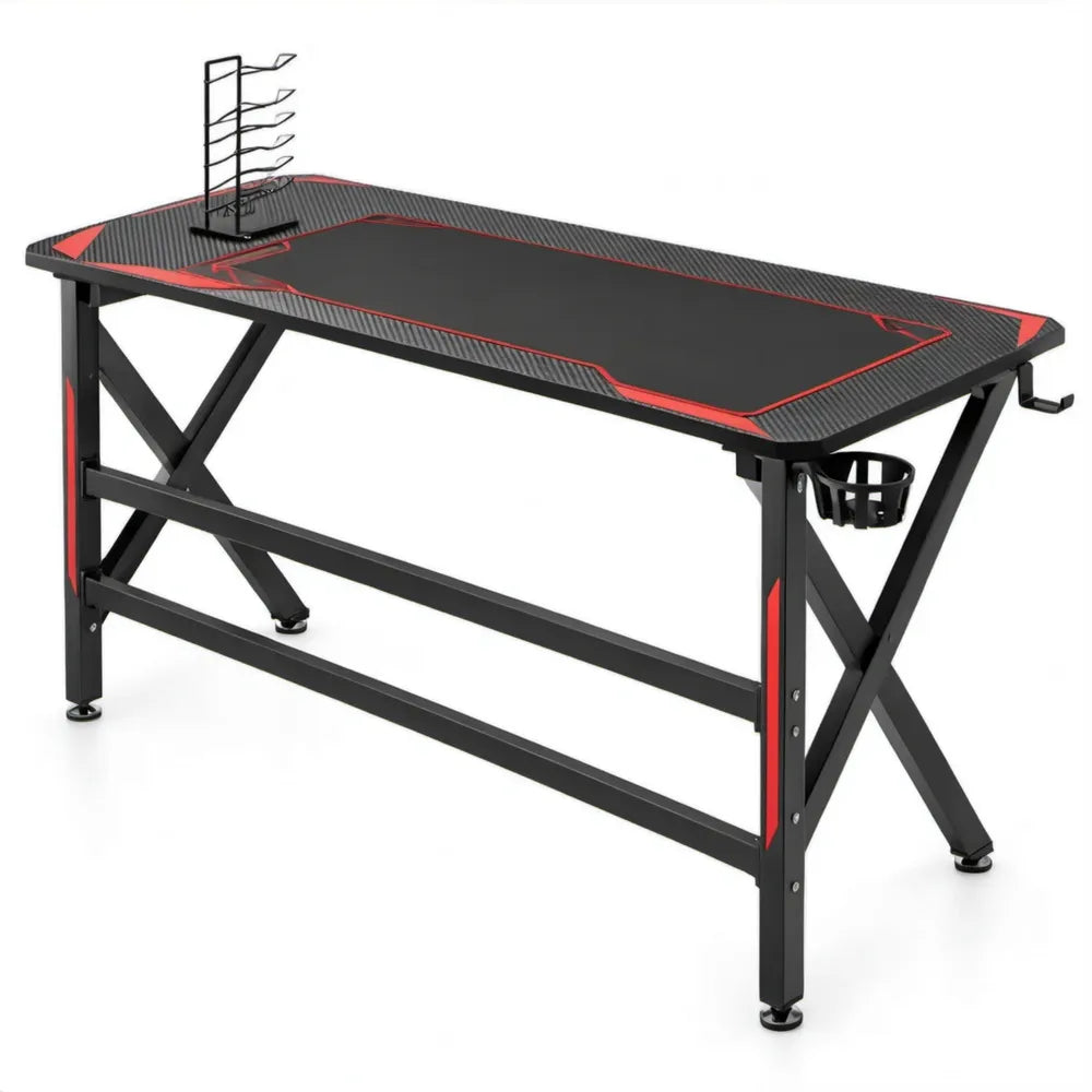 Gamingbureau 120 x 60 x 75 cm met MDF-blad, stalen frame, opbergrek en bekerhouder - Zwart/Rood