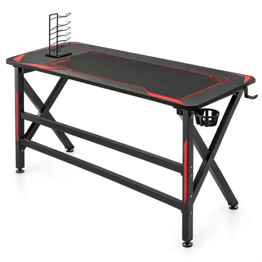 Gamingbureau 120 x 60 x 75 cm met MDF-blad, stalen frame, opbergrek en bekerhouder - Zwart/Rood