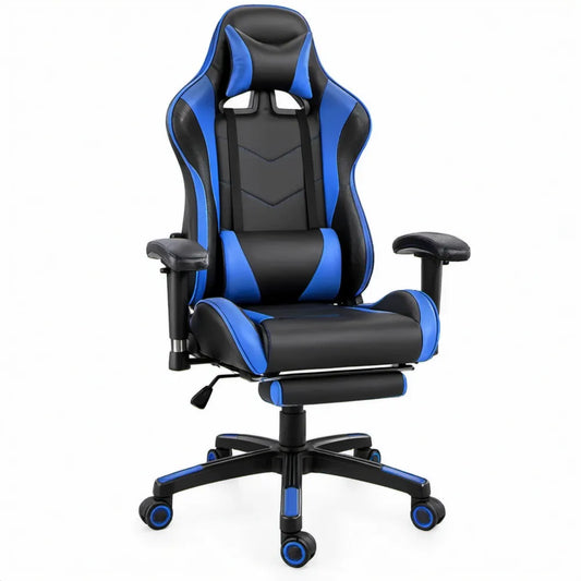 Gamingstoel met uitschuifbare voetensteun en verstelbare rugleuning, zwart/blauw, 68 x 68 x 118-128 cm