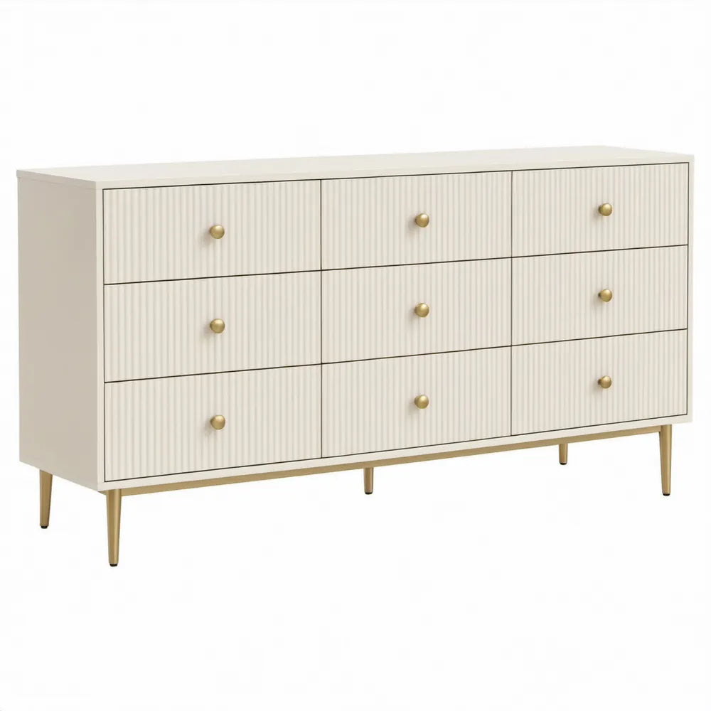 Ladekast met 9 laden, geribbelde fronten, gebroken wit/goudkleurig, 160 x 40 x 80 cm