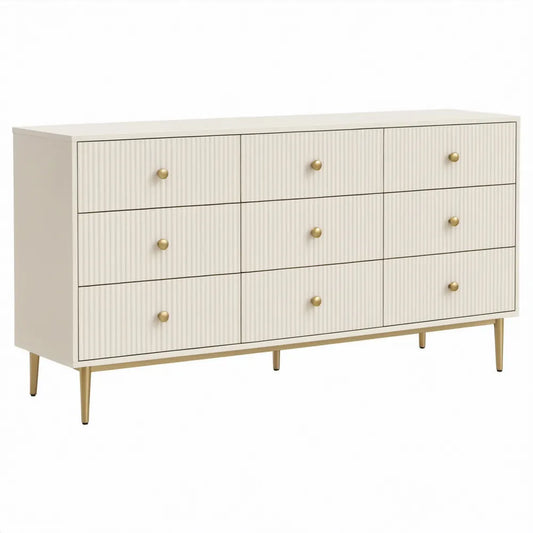 Ladekast met 9 laden, geribbelde fronten, gebroken wit/goudkleurig, 160 x 40 x 80 cm