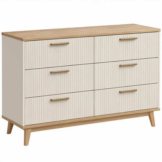 Ladekast met 6 lades, 120 x 40 x 90 cm, crèmewit, naturel eiken en goudkleurig